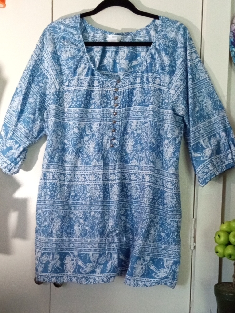 Just My Size Light Blue and White Printed Henley Cotton Tunic 2X (18-20)